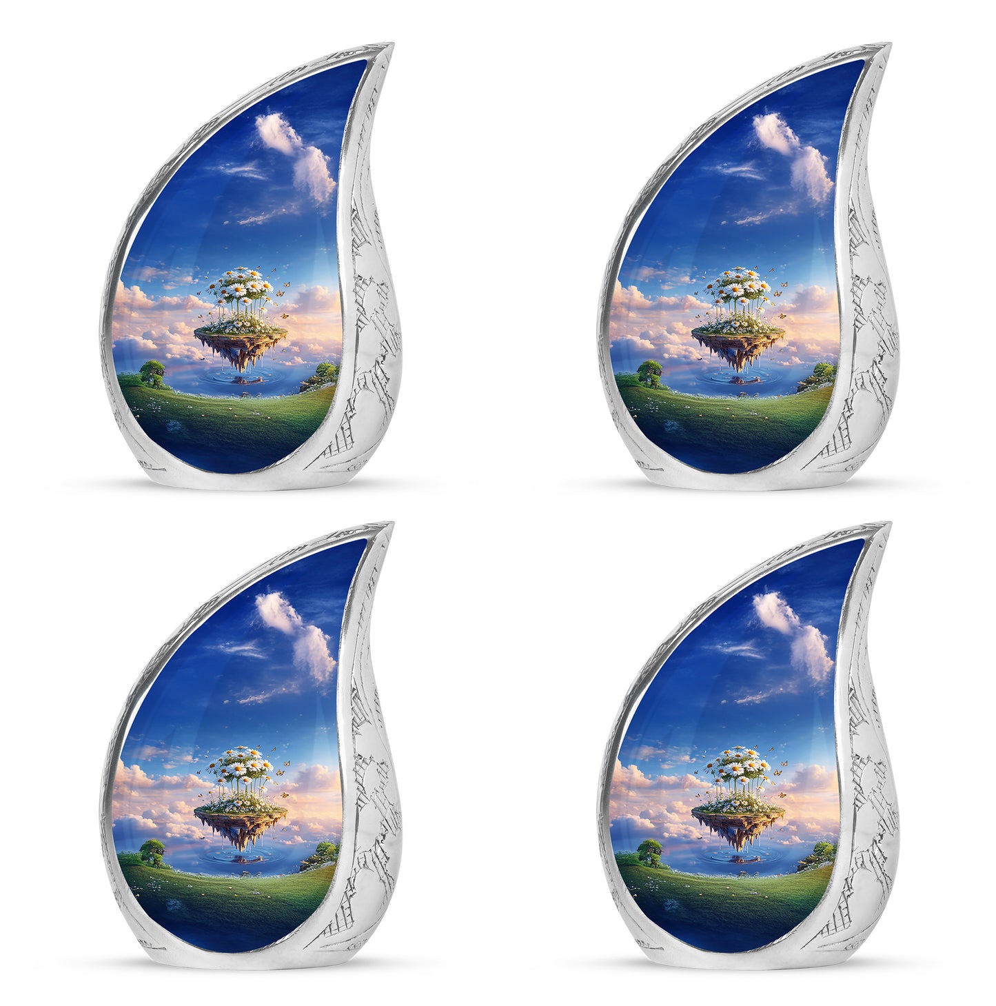 Vivid Blue Daisy Cremation Urn close-up of engraving and surface detail - graceful tear-shaped urn with daisy motif - 10 inch aluminum urn for cremated remains
