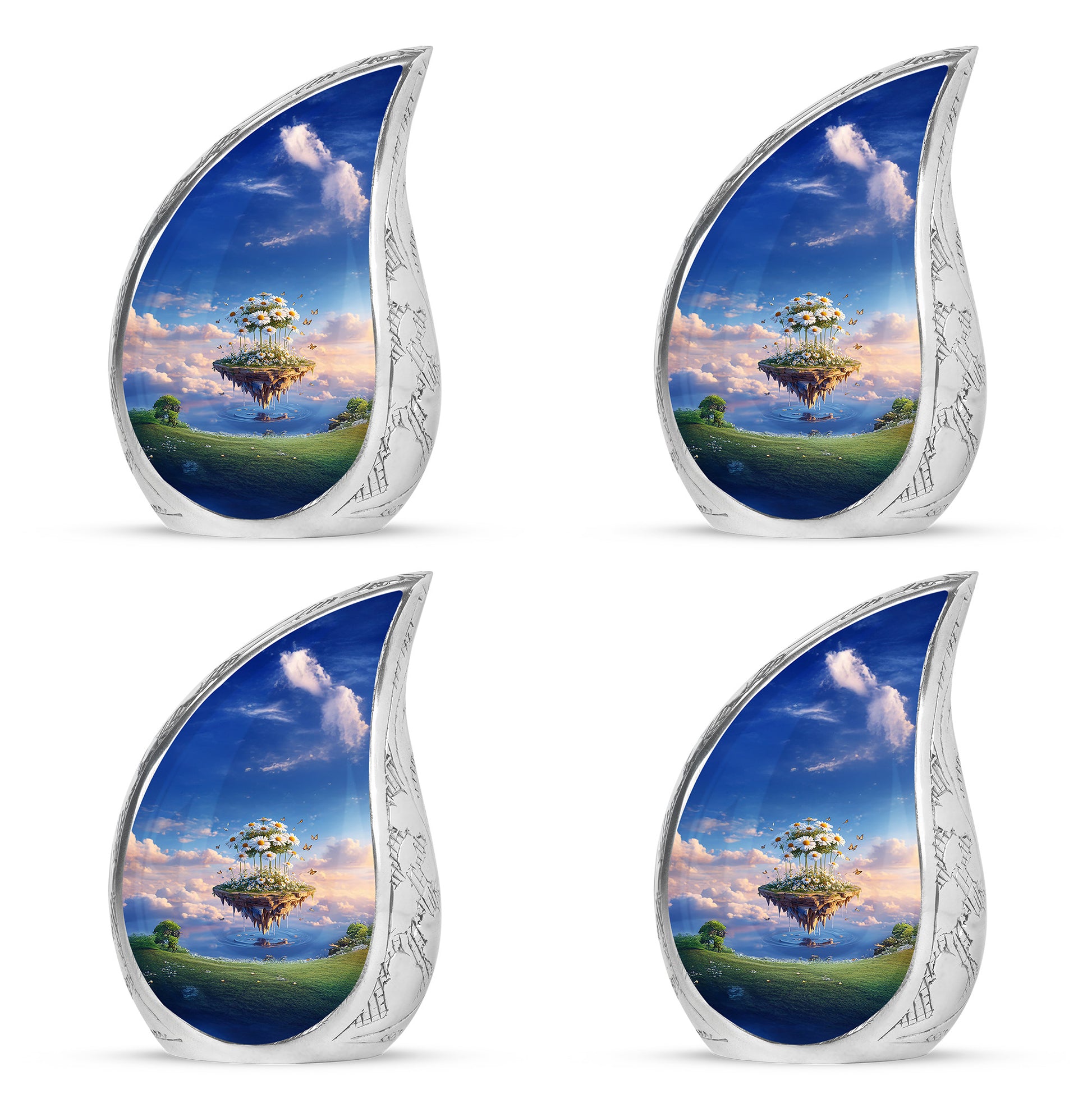 Vivid Blue Daisy Cremation Urn close-up of engraving and surface detail - graceful tear-shaped urn with daisy motif - 10 inch aluminum urn for cremated remains