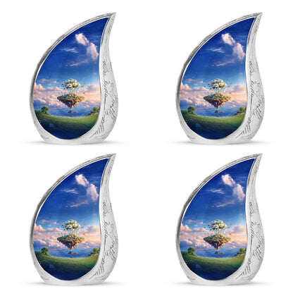 Vivid Blue Daisy Cremation Urn close-up of engraving and surface detail - graceful tear-shaped urn with daisy motif - 10 inch aluminum urn for cremated remains