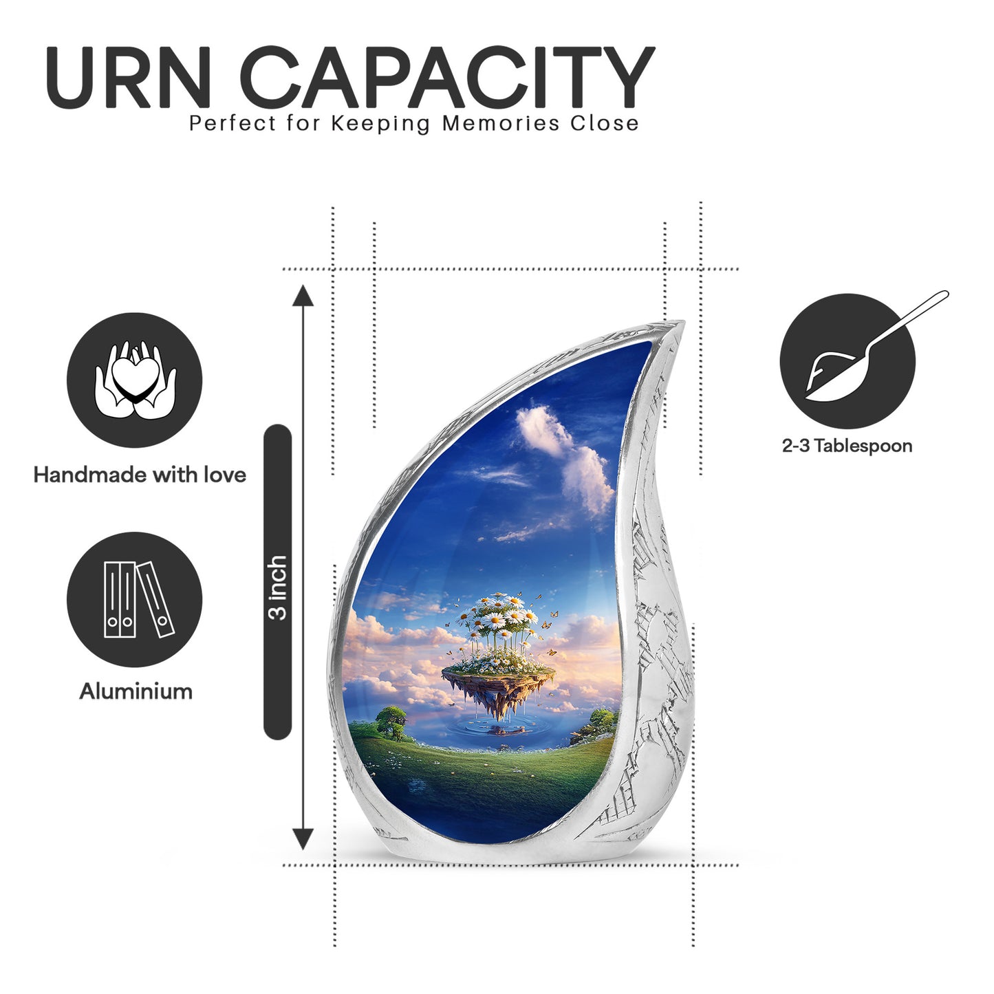 Cornflower Blue Daisy Cremation Urn angled view of lid and engraved motif - graceful tear-shaped urn with daisy motif - mini keepsake memorial for portion of cremation ashes