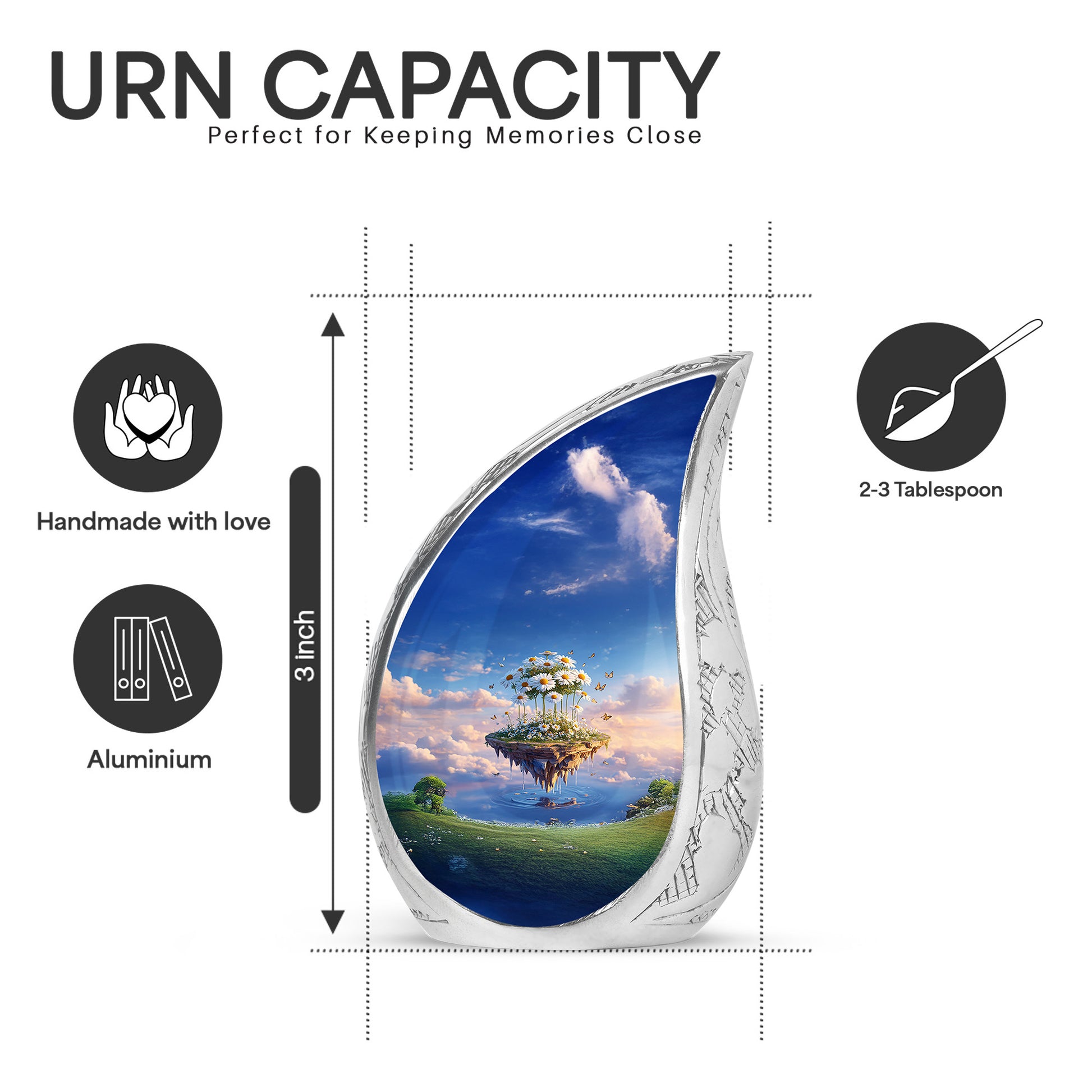 Cornflower Blue Daisy Cremation Urn angled view of lid and engraved motif - graceful tear-shaped urn with daisy motif - mini keepsake memorial for portion of cremation ashes