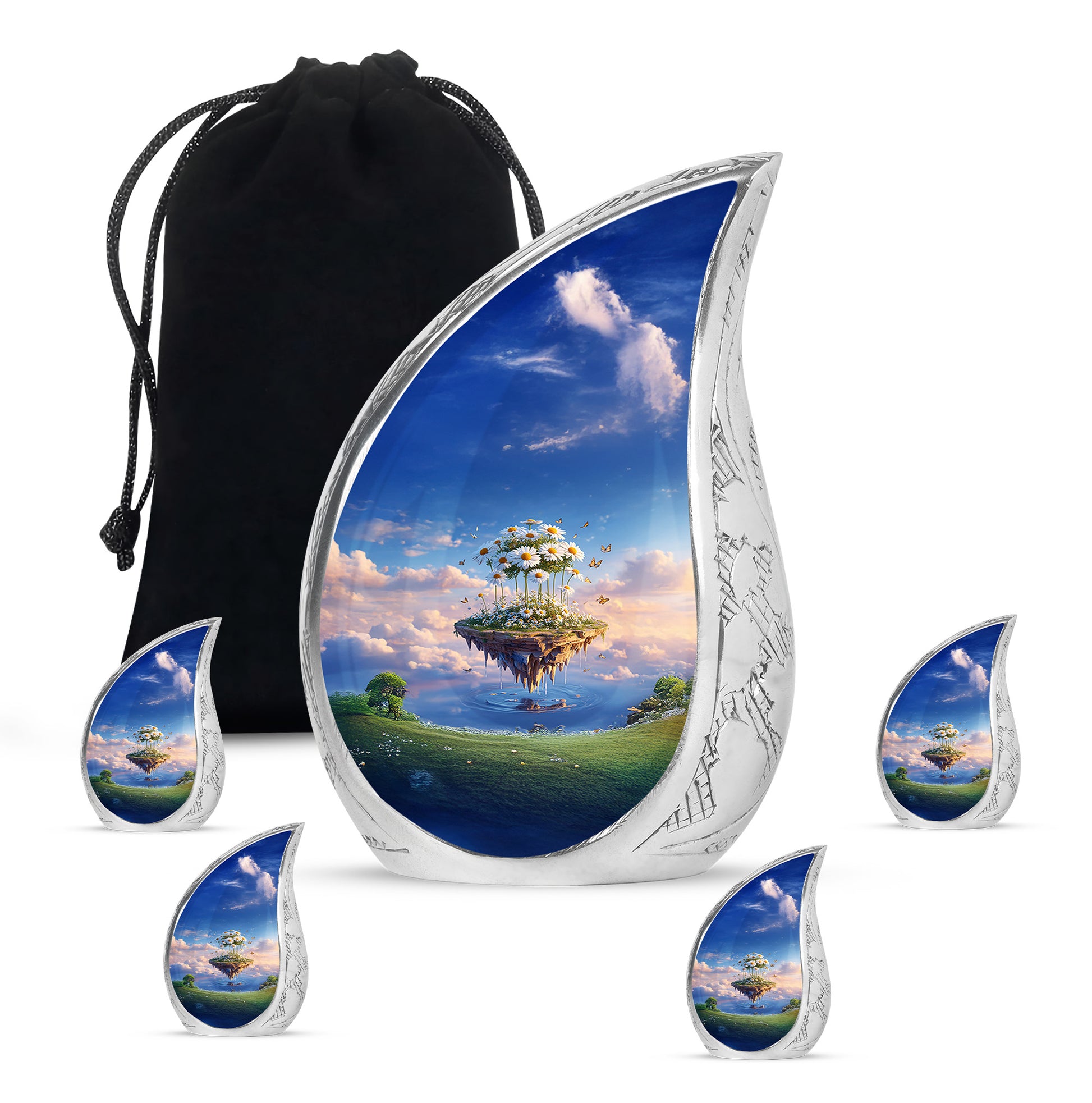 Indigo Daisy Cremation Urn side profile showing urn shape - rounded teardrop daisy design with delicate detail - memorial set with one large and four small urns