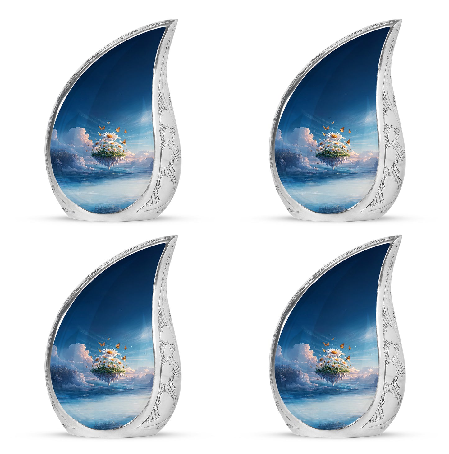 Soft Blue Daisy Cremation Urn close-up of engraving and surface detail - smooth teardrop contour featuring daisy art - 10 inch aluminum urn for cremated remains