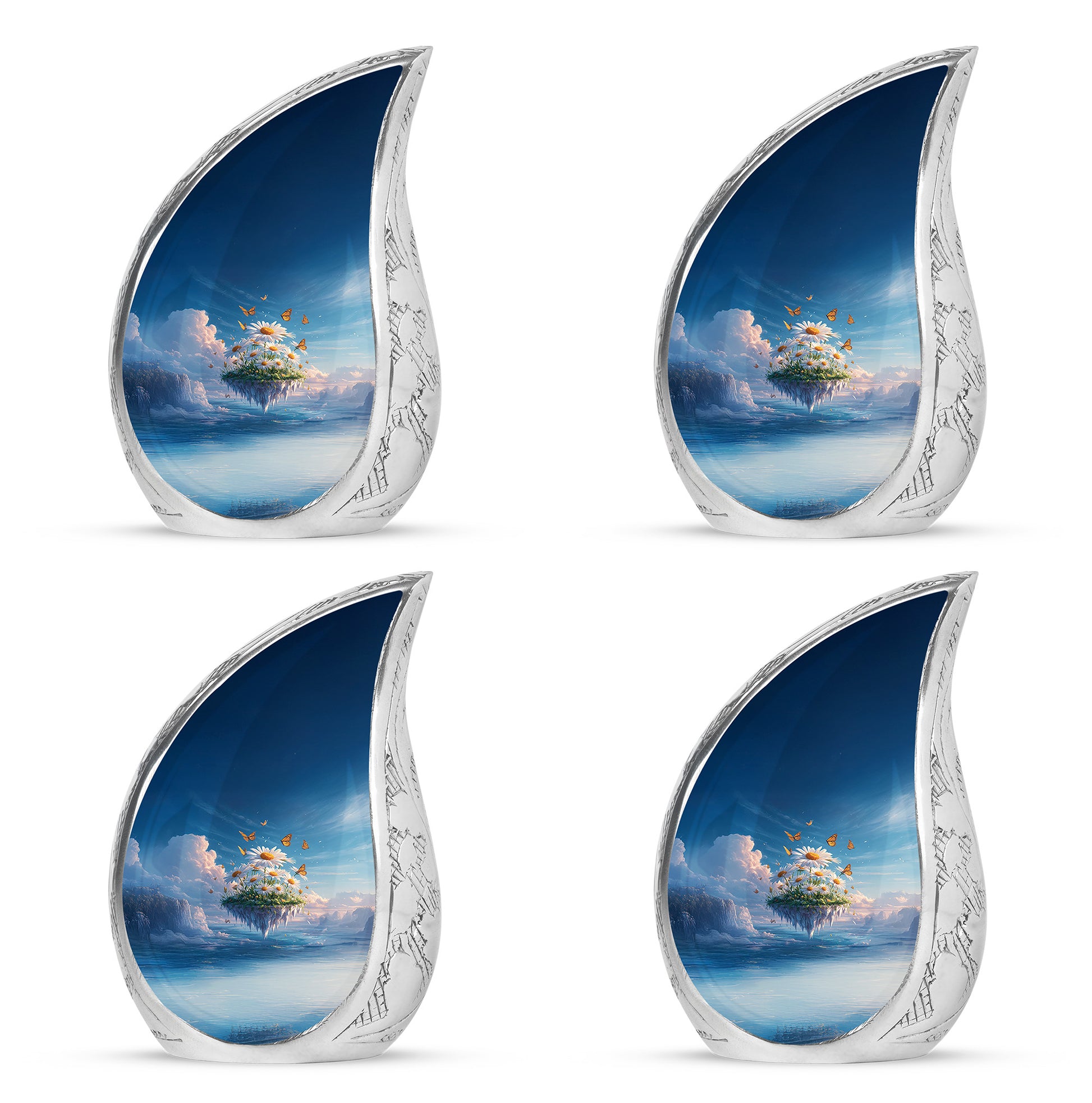 Soft Blue Daisy Cremation Urn close-up of engraving and surface detail - smooth teardrop contour featuring daisy art - 10 inch aluminum urn for cremated remains