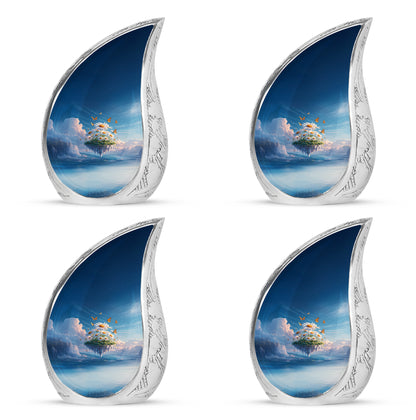 Soft Blue Daisy Cremation Urn close-up of engraving and surface detail - smooth teardrop contour featuring daisy art - 10 inch aluminum urn for cremated remains