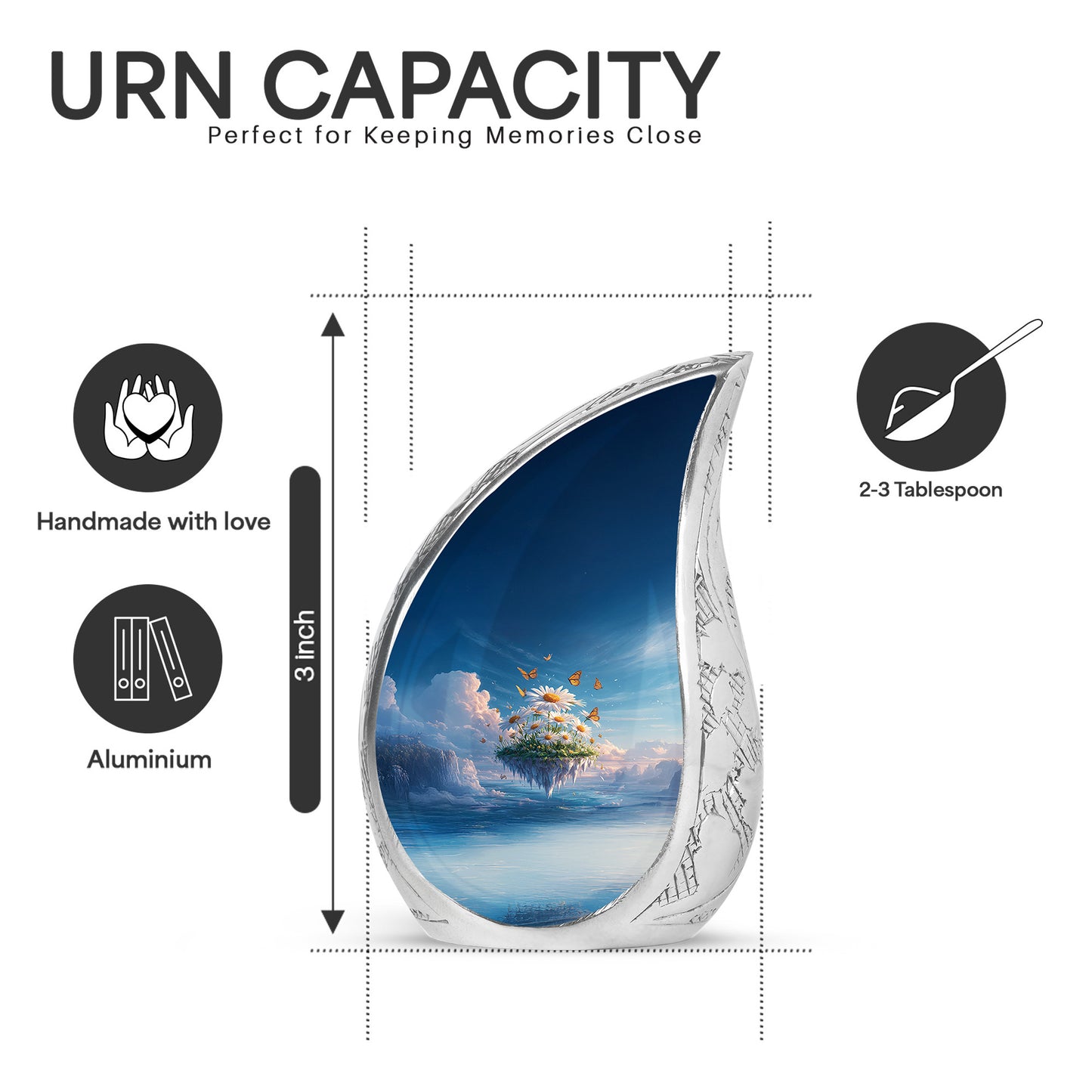 Vivid Blue Daisy Cremation Urn angled view of lid and engraved motif - graceful tear-shaped urn with daisy motif - mini keepsake memorial for portion of cremation ashes