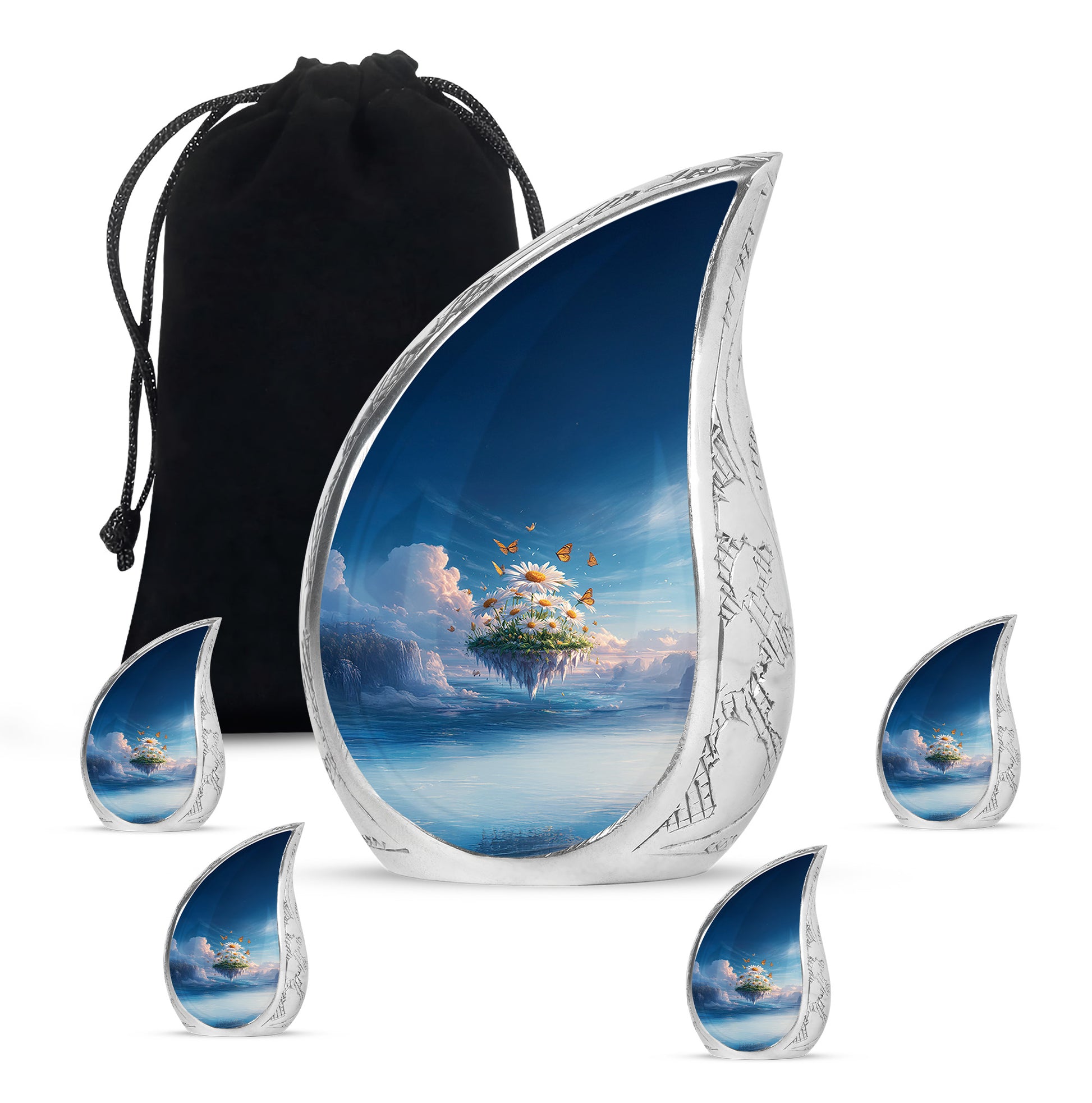 Powder Blue Daisy Cremation Urn side profile showing urn shape - rounded teardrop daisy design with delicate detail - memorial set with one large and four small urns