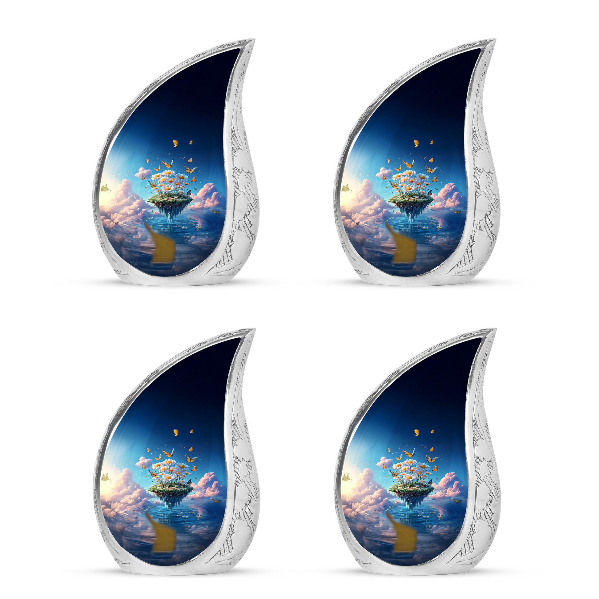 Twilight Blue Daisy Cremation Urn close-up of engraving and surface detail - graceful tear-shaped urn with daisy motif - 10 inch aluminum urn for cremated remains