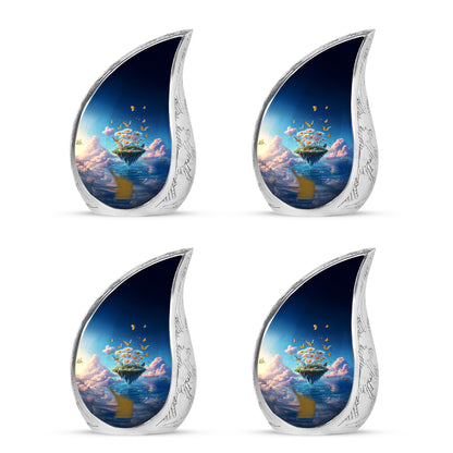 Twilight Blue Daisy Cremation Urn close-up of engraving and surface detail - graceful tear-shaped urn with daisy motif - 10 inch aluminum urn for cremated remains