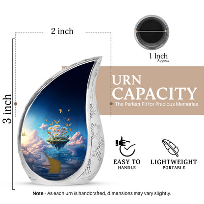 Sapphire Blue Daisy Cremation Urn angled view of lid and engraved motif - smooth teardrop contour featuring daisy art - mini keepsake memorial for portion of cremation ashes