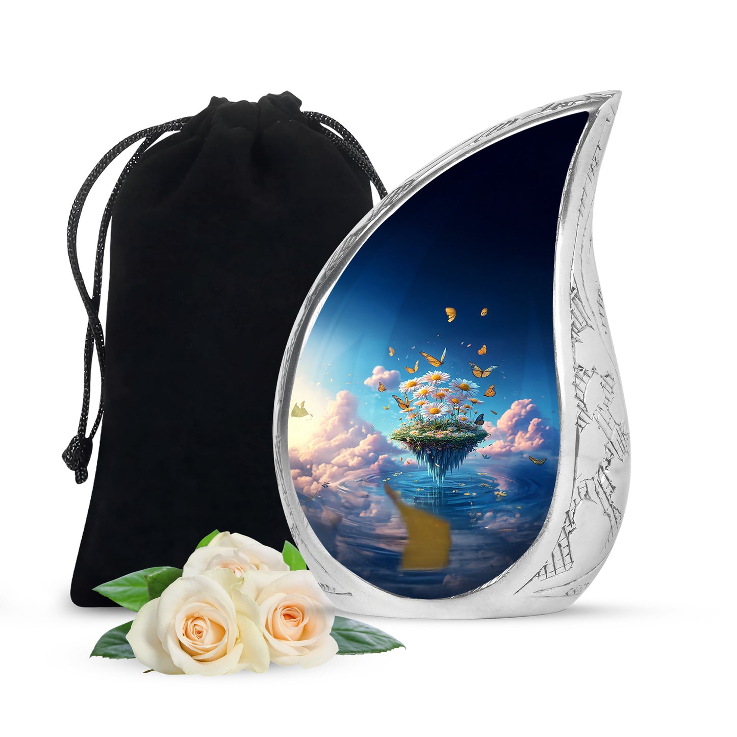 Bright Blue Daisy Cremation Urn front view showing detailed design - graceful tear-shaped urn with daisy motif - full-size 10 inch 200 cubic inch adult cremation urn