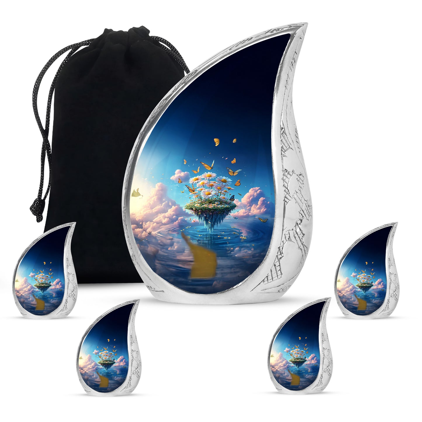 Serene Blue Daisy Cremation Urn side profile showing urn shape - smooth teardrop contour featuring daisy art - memorial set with one large and four small urns
