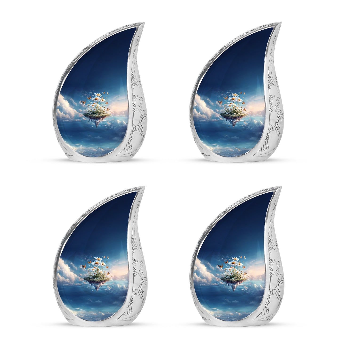 Bright Blue Daisy Cremation Urn close-up of engraving and surface detail - smooth teardrop contour featuring daisy art - 10 inch aluminum urn for cremated remains
