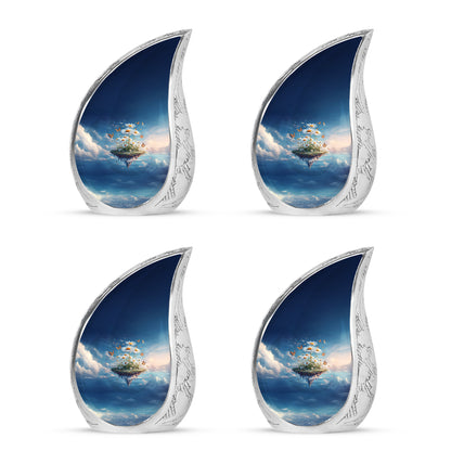 Bright Blue Daisy Cremation Urn close-up of engraving and surface detail - smooth teardrop contour featuring daisy art - 10 inch aluminum urn for cremated remains