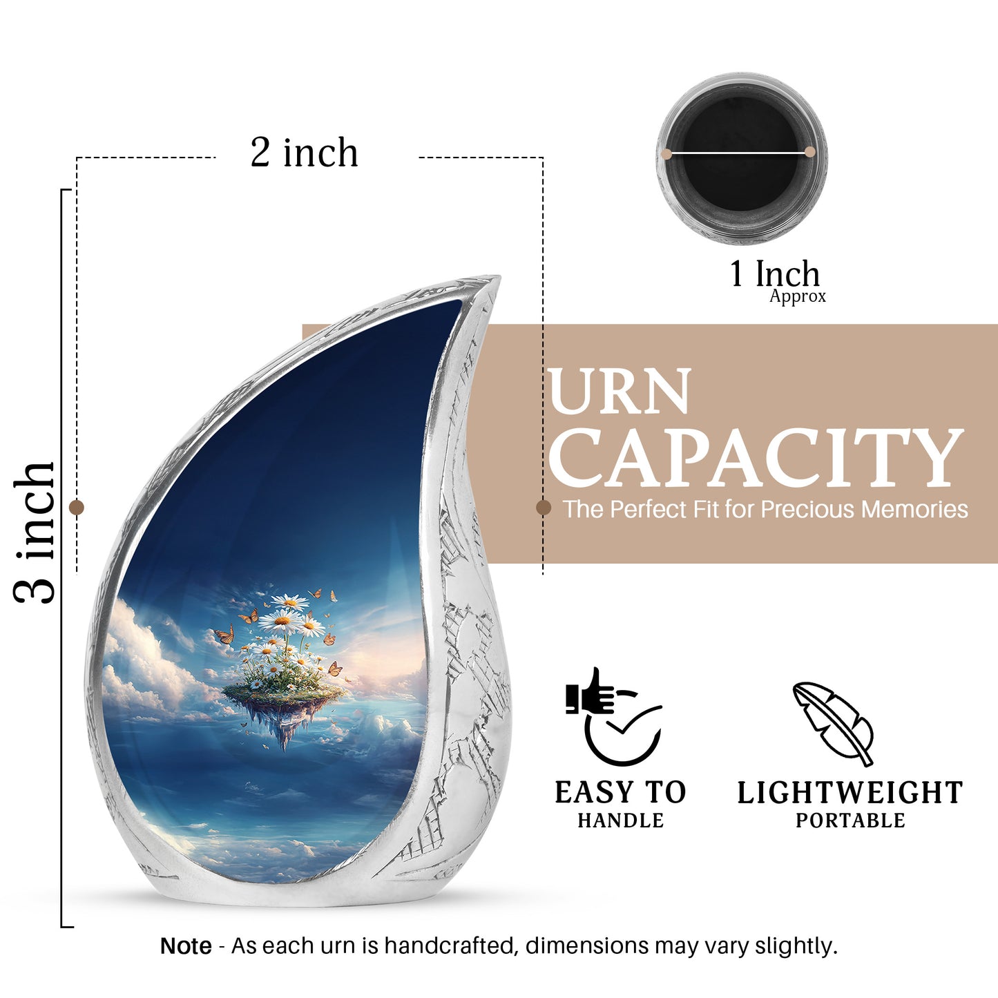 Bright Blue Daisy Cremation Urn angled view of lid and engraved motif - smooth teardrop contour featuring daisy art - mini keepsake memorial for portion of cremation ashes