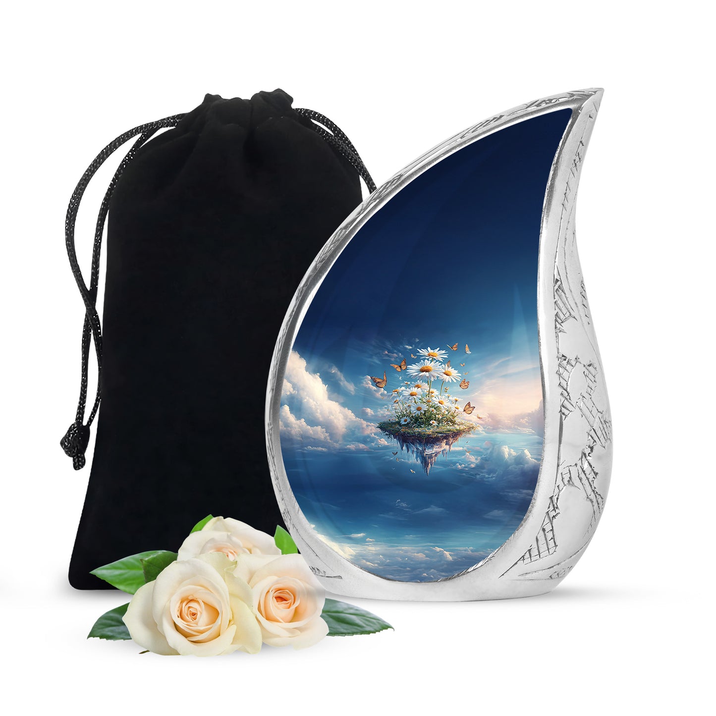 Celestial Blue Daisy Cremation Urn front view showing detailed design - flowing teardrop daisy silhouette on curved aluminum - full-size 10 inch 200 cubic inch adult cremation urn