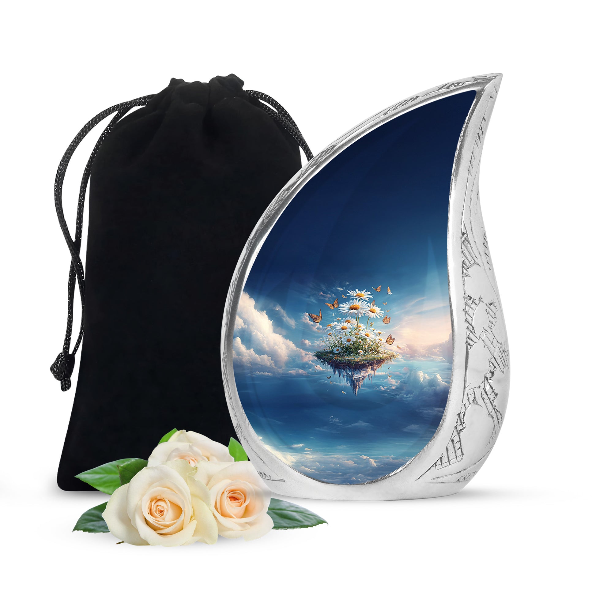 Celestial Blue Daisy Cremation Urn front view showing detailed design - flowing teardrop daisy silhouette on curved aluminum - full-size 10 inch 200 cubic inch adult cremation urn