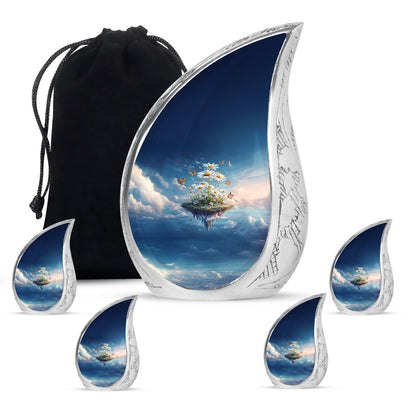 Bright Blue Daisy Cremation Urn side profile showing urn shape - smooth teardrop contour featuring daisy art - memorial set with one large and four small urns