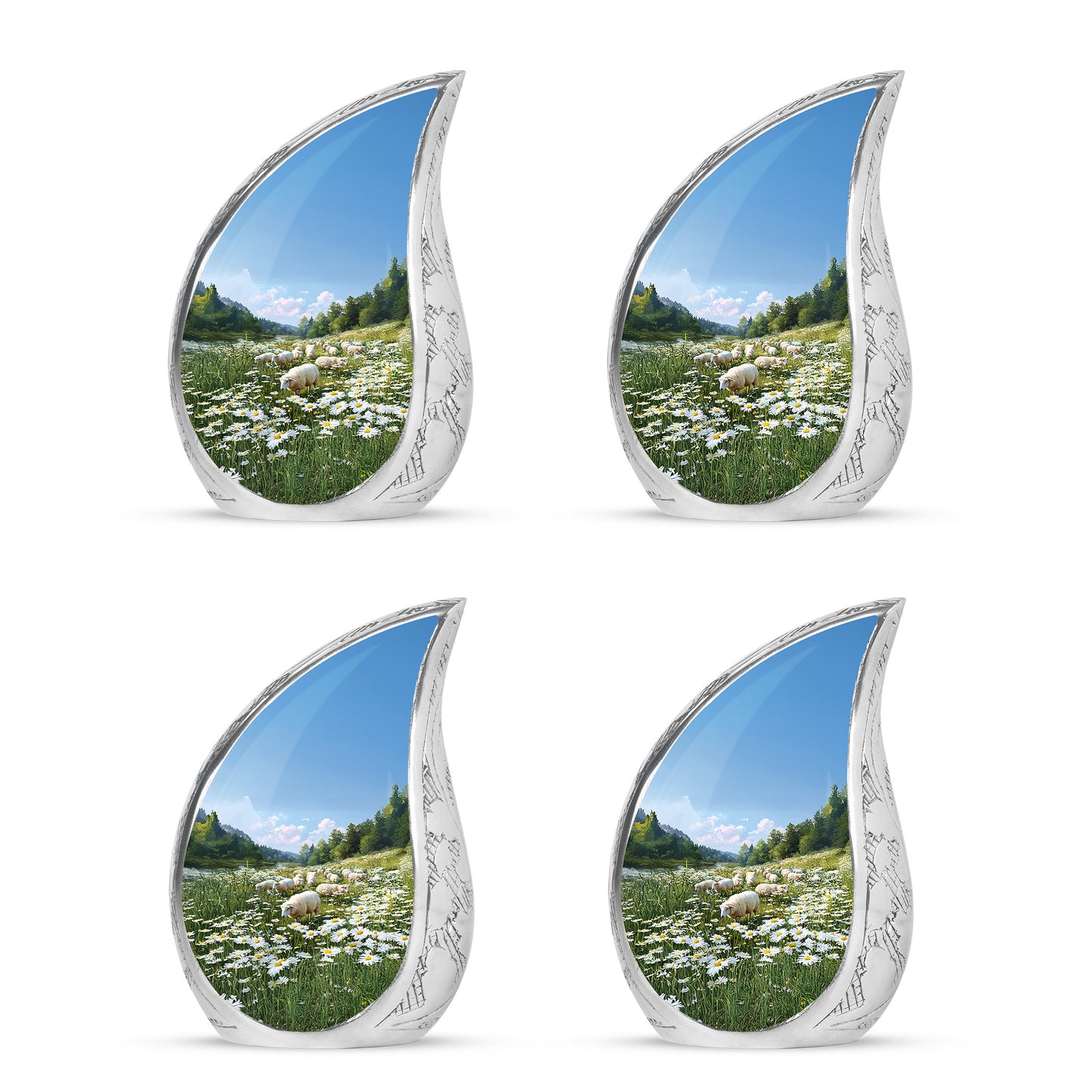 Navy Blue Daisy Cremation Urn close-up of engraving and surface detail - rounded teardrop daisy design with delicate detail - 10 inch aluminum urn for cremated remains