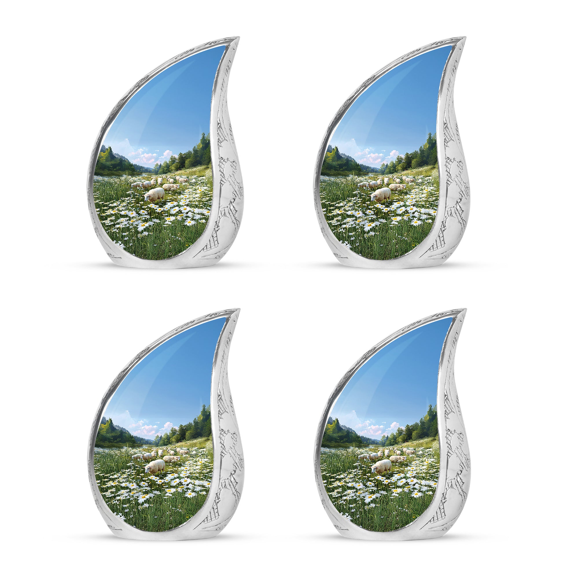 Navy Blue Daisy Cremation Urn close-up of engraving and surface detail - rounded teardrop daisy design with delicate detail - 10 inch aluminum urn for cremated remains