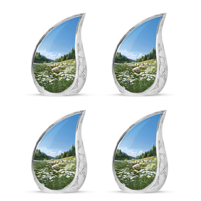 Navy Blue Daisy Cremation Urn close-up of engraving and surface detail - rounded teardrop daisy design with delicate detail - 10 inch aluminum urn for cremated remains