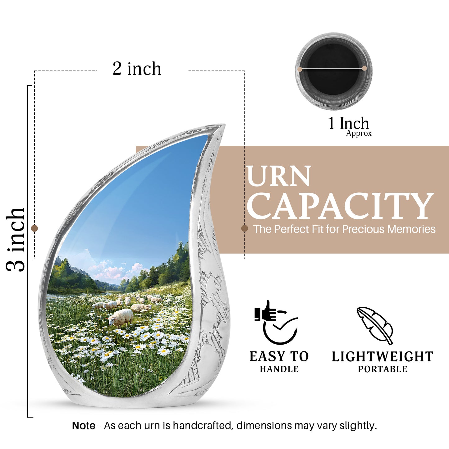 Celestial Blue Daisy Cremation Urn angled view of lid and engraved motif - flowing teardrop daisy silhouette on curved aluminum - mini keepsake memorial for portion of cremation ashes
