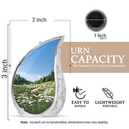 Celestial Blue Daisy Cremation Urn angled view of lid and engraved motif - flowing teardrop daisy silhouette on curved aluminum - mini keepsake memorial for portion of cremation ashes