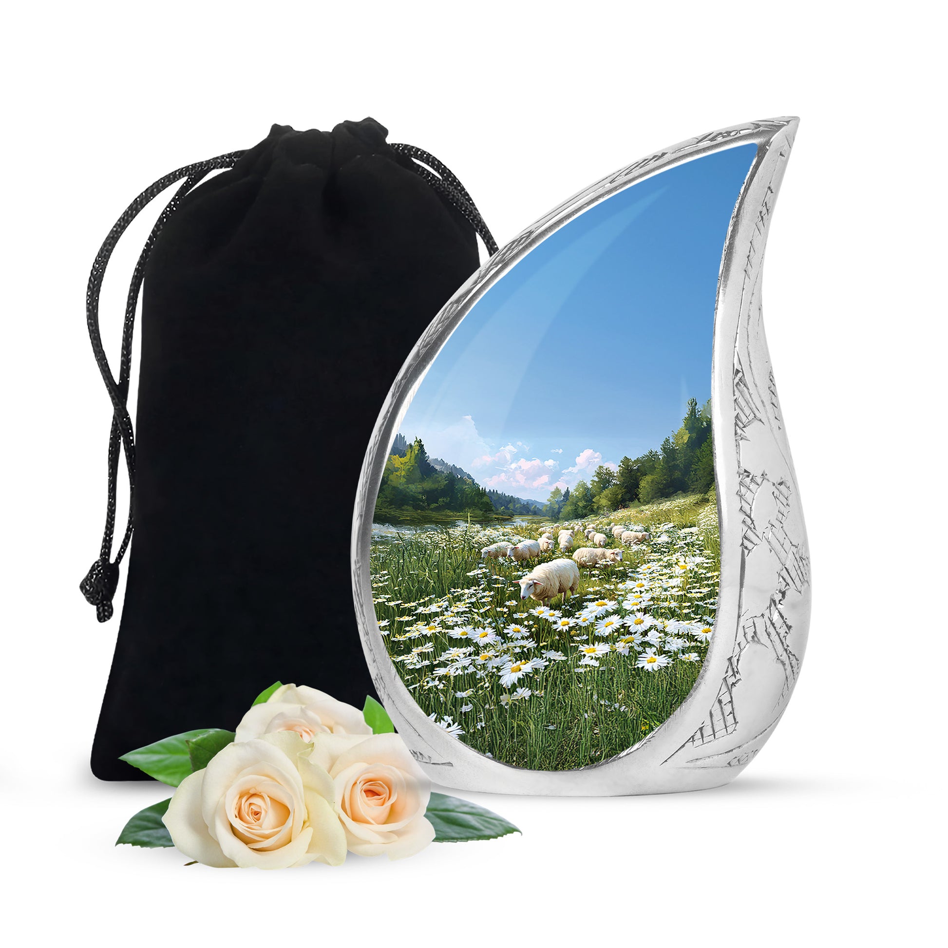 Indigo Daisy Cremation Urn front view showing detailed design - rounded teardrop daisy design with delicate detail - full-size 10 inch 200 cubic inch adult cremation urn