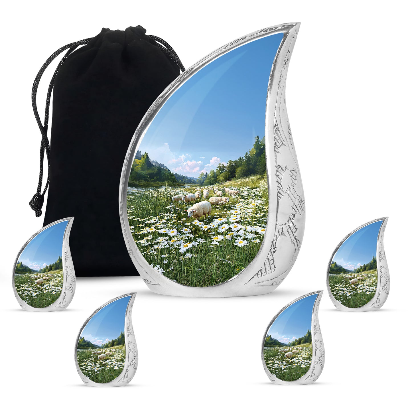 Indigo Daisy Cremation Urn side profile showing urn shape - rounded teardrop daisy design with delicate detail - memorial set with one large and four small urns