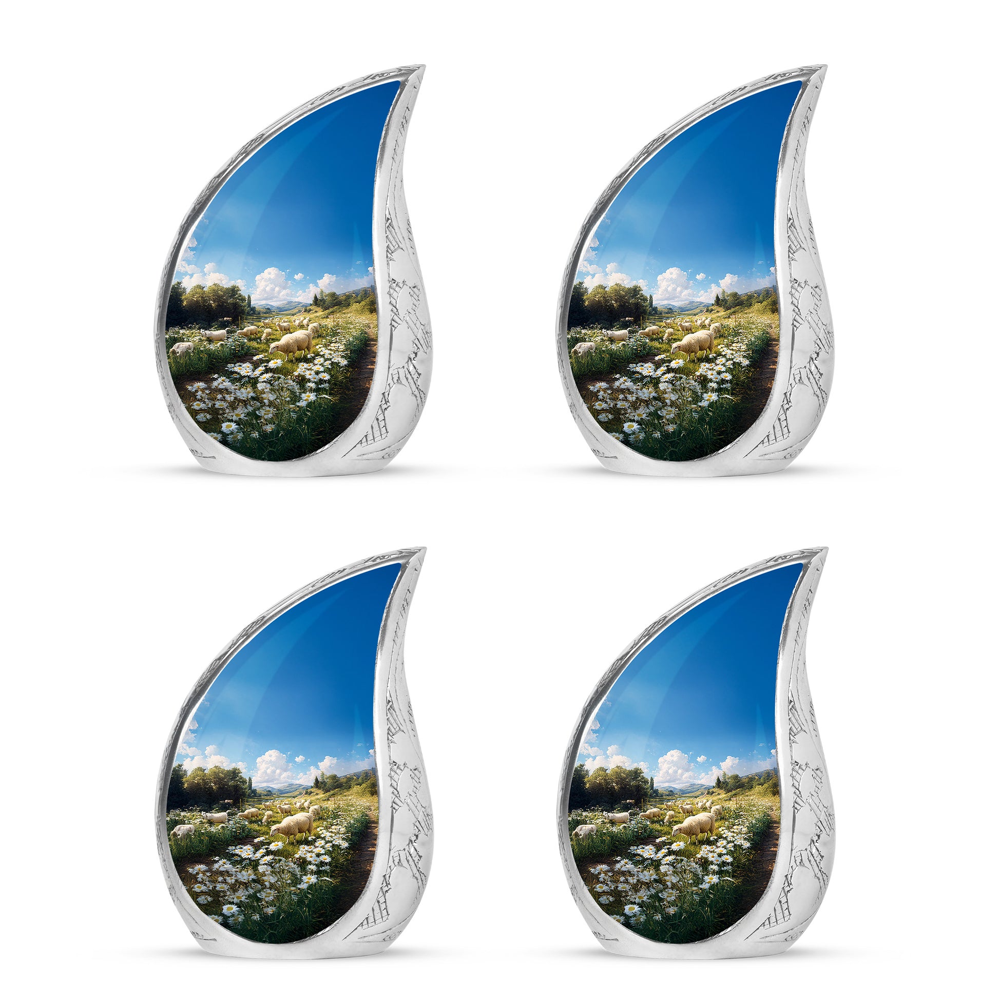 Sky Blue Daisy Cremation Urn close-up of engraving and surface detail - rounded teardrop daisy design with delicate detail - 10 inch aluminum urn for cremated remains