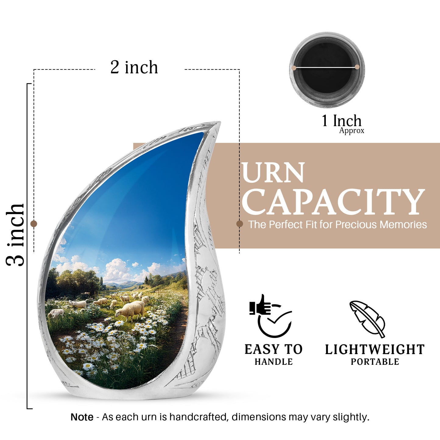 Icy Blue Daisy Cremation Urn angled view of lid and engraved motif - flowing teardrop daisy silhouette on curved aluminum - mini keepsake memorial for portion of cremation ashes
