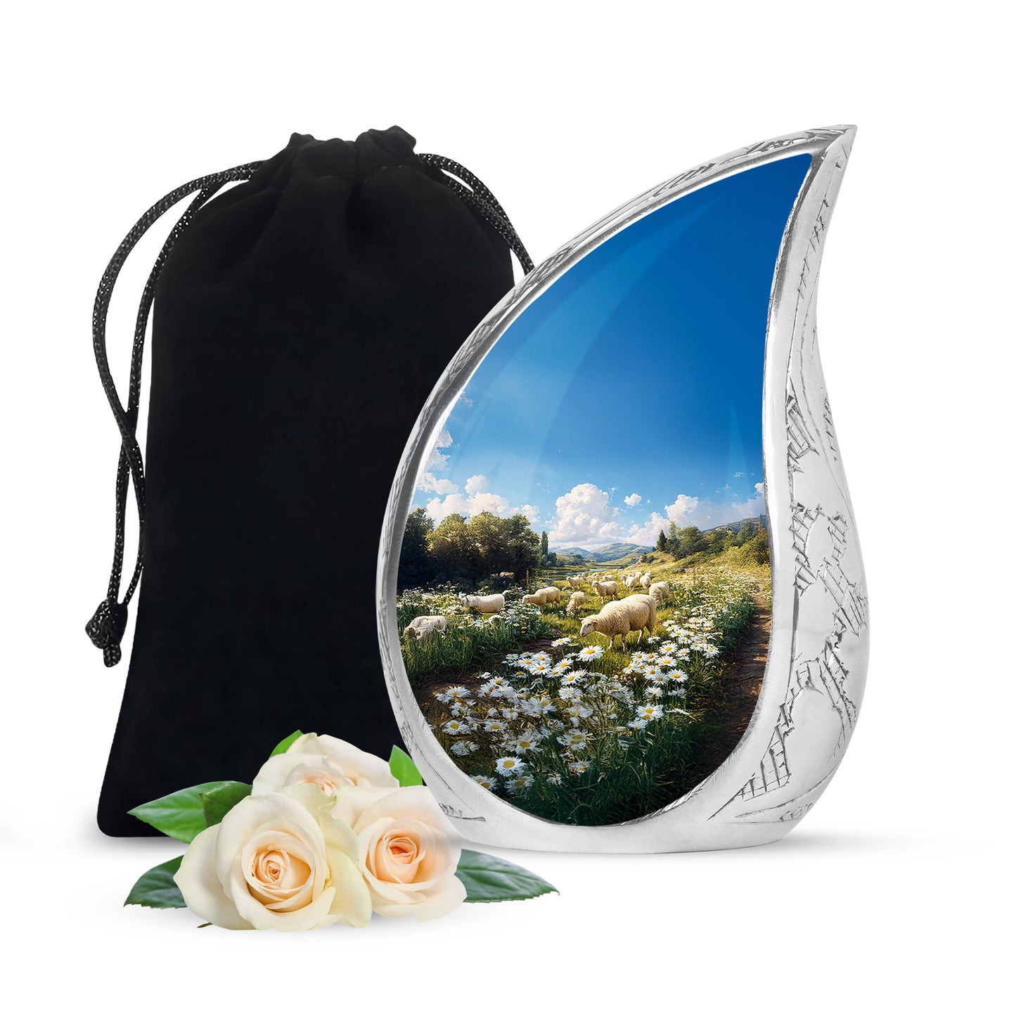 Pastel Blue Daisy Cremation Urn front view showing detailed design - rounded teardrop daisy design with delicate detail - full-size 10 inch 200 cubic inch adult cremation urn