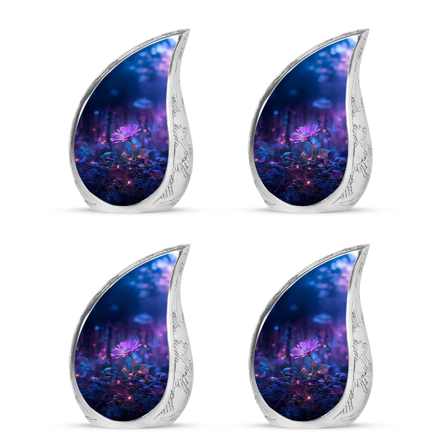 Calming Blue Daisy Cremation Urn close-up of engraving and surface detail - graceful tear-shaped urn with daisy motif - 10 inch aluminum urn for cremated remains