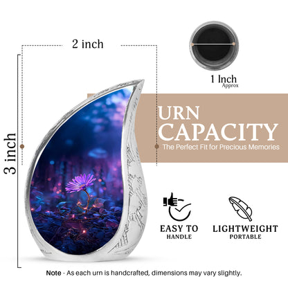 Icy Blue Daisy Cremation Urn angled view of lid and engraved motif - flowing teardrop daisy silhouette on curved aluminum - mini keepsake memorial for portion of cremation ashes