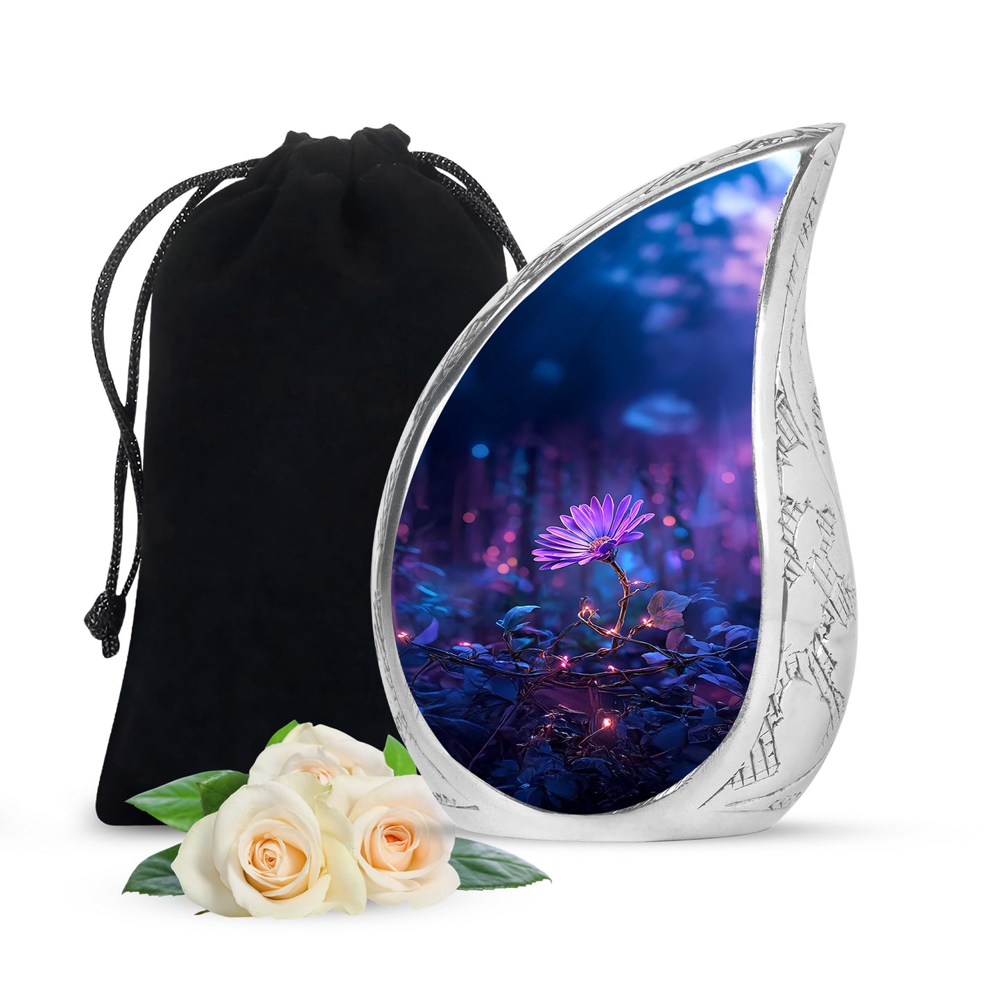 Sky Blue Daisy Cremation Urn front view showing detailed design - flowing teardrop daisy silhouette on curved aluminum - full-size 10 inch 200 cubic inch adult cremation urn