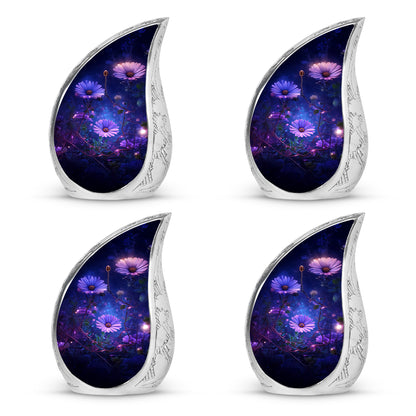 Serene Blue Daisy Cremation Urn close-up of engraving and surface detail - smooth teardrop contour featuring daisy art - 10 inch aluminum urn for cremated remains