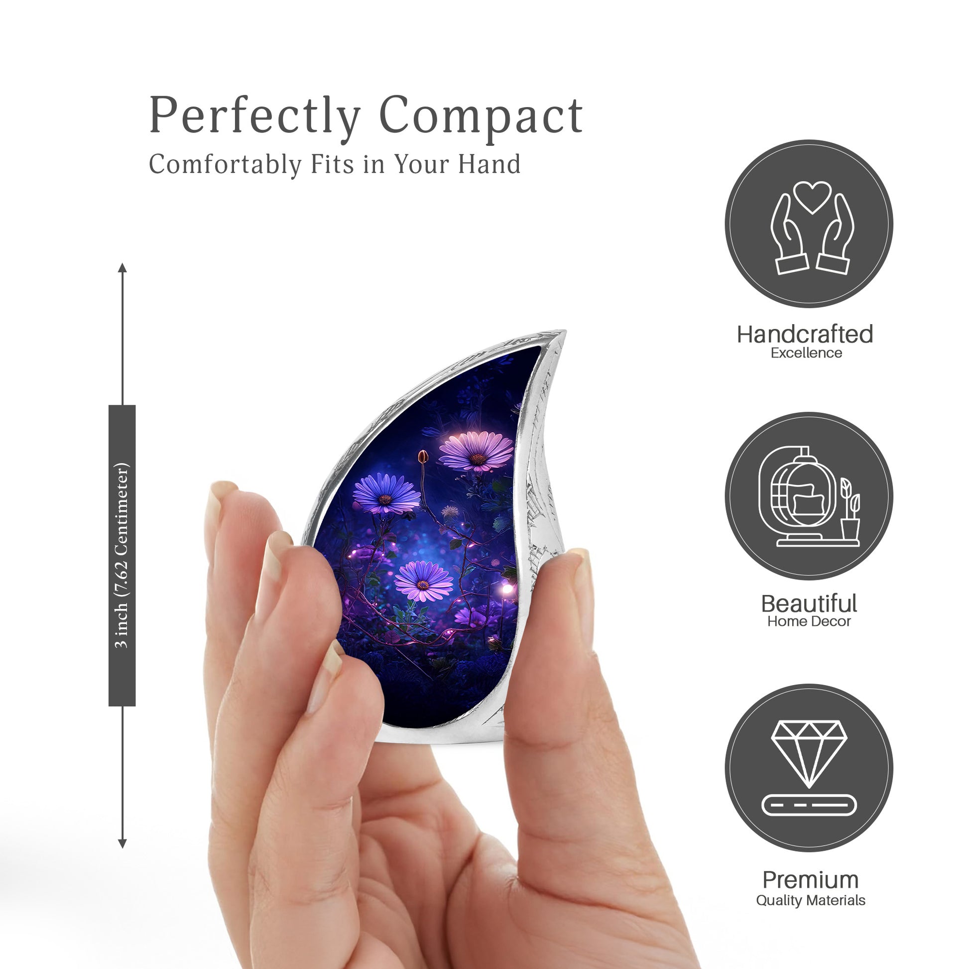 Navy Blue Daisy Cremation Urn angled view of lid and engraved motif - flowing teardrop daisy silhouette on curved aluminum - mini keepsake memorial for portion of cremation ashes