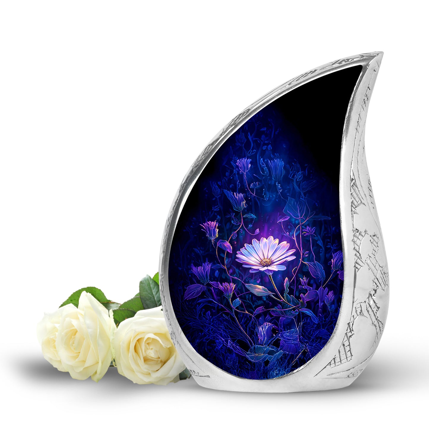 Blue Stately Daisy Cremation Urns for Human Ashes - 10-inch, 200 cu in - Yatskia