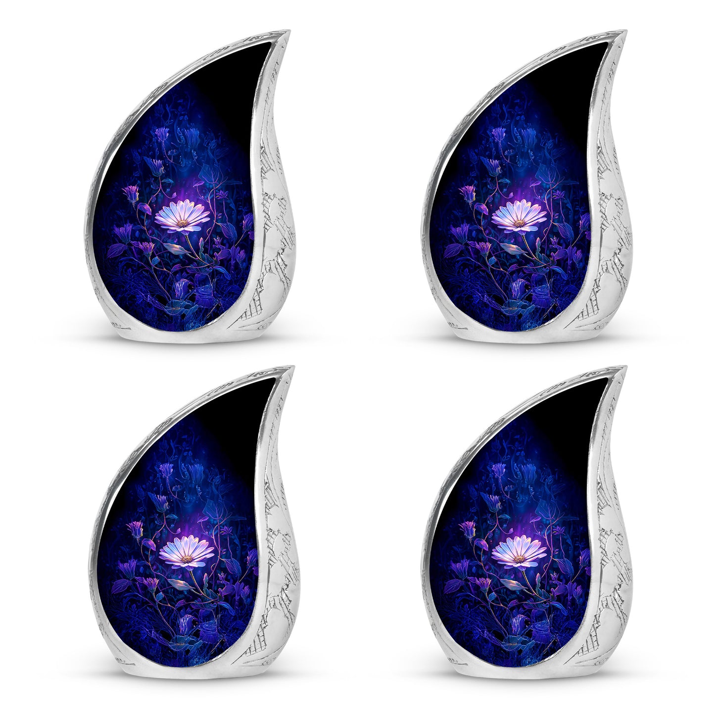 Bright Blue Daisy Cremation Urn close-up of engraving and surface detail - smooth teardrop contour featuring daisy art - 10 inch aluminum urn for cremated remains