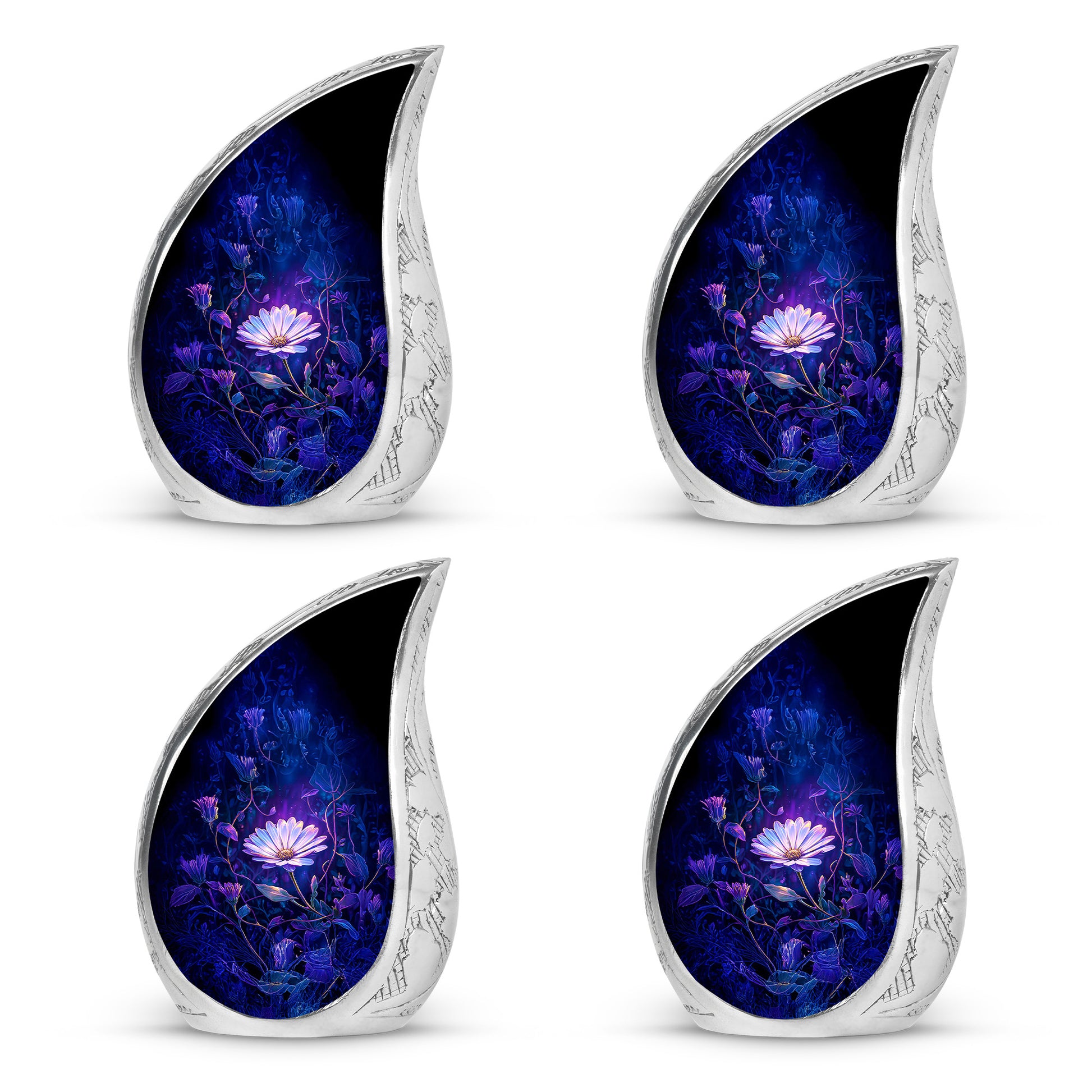 Bright Blue Daisy Cremation Urn close-up of engraving and surface detail - smooth teardrop contour featuring daisy art - 10 inch aluminum urn for cremated remains