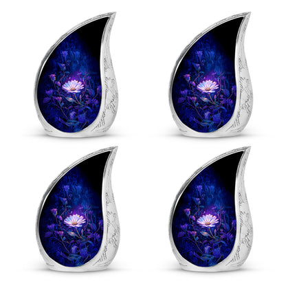 Bright Blue Daisy Cremation Urn close-up of engraving and surface detail - smooth teardrop contour featuring daisy art - 10 inch aluminum urn for cremated remains