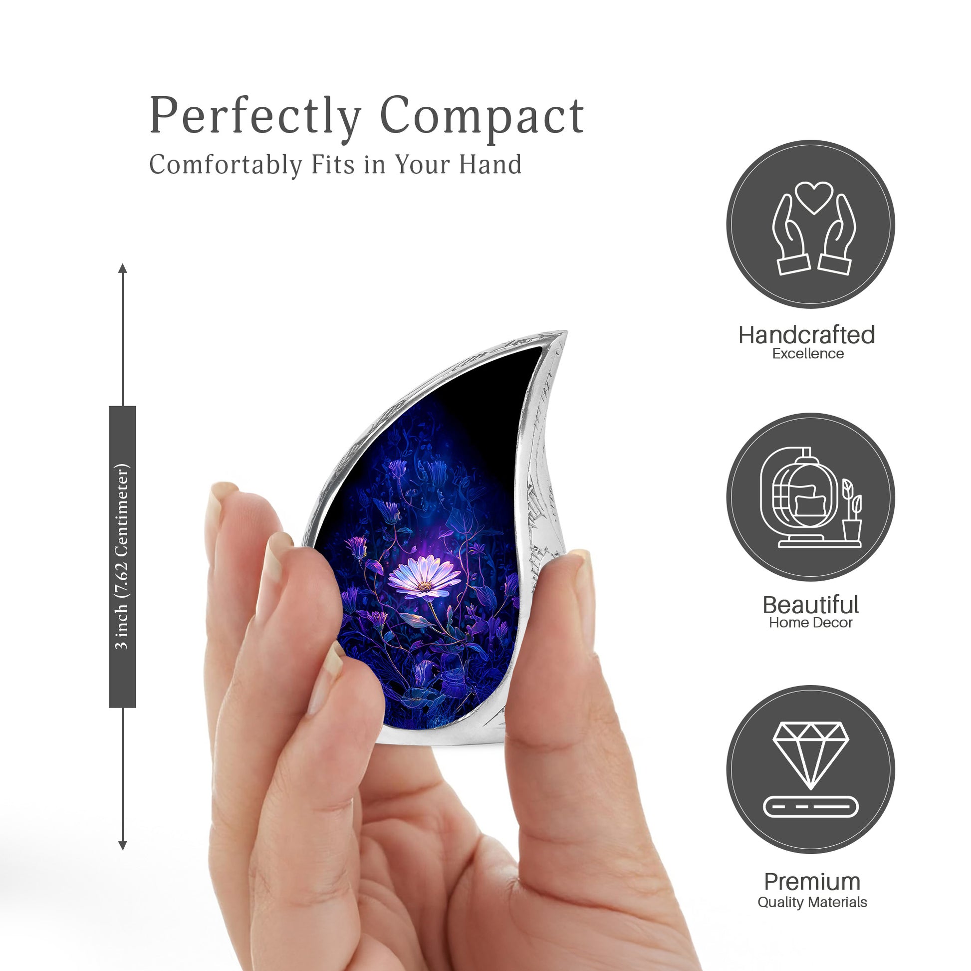 Sapphire Blue Daisy Cremation Urn angled view of lid and engraved motif - smooth teardrop contour featuring daisy art - mini keepsake memorial for portion of cremation ashes