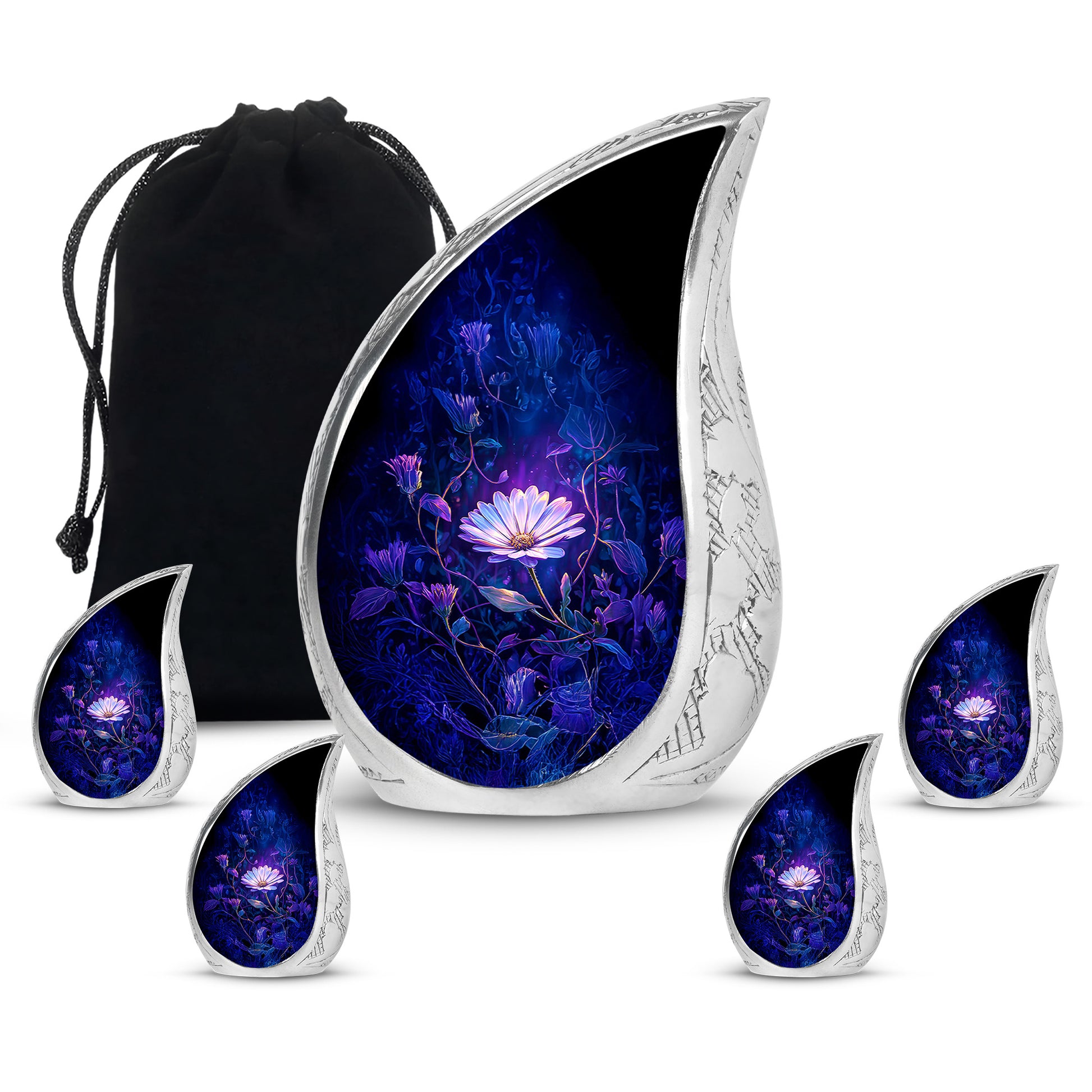 Calming Blue Daisy Cremation Urn side profile showing urn shape - smooth teardrop contour featuring daisy art - memorial set with one large and four small urns