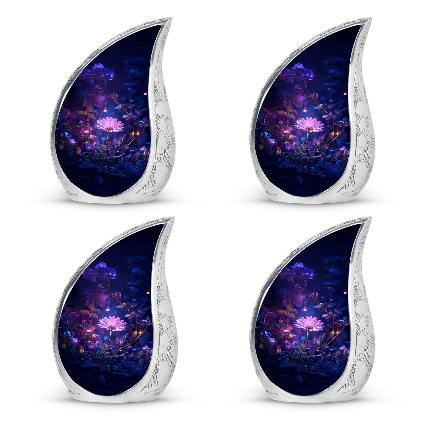 Celestial Blue Daisy Cremation Urn close-up of engraving and surface detail - flowing teardrop daisy silhouette on curved aluminum - 10 inch aluminum urn for cremated remains