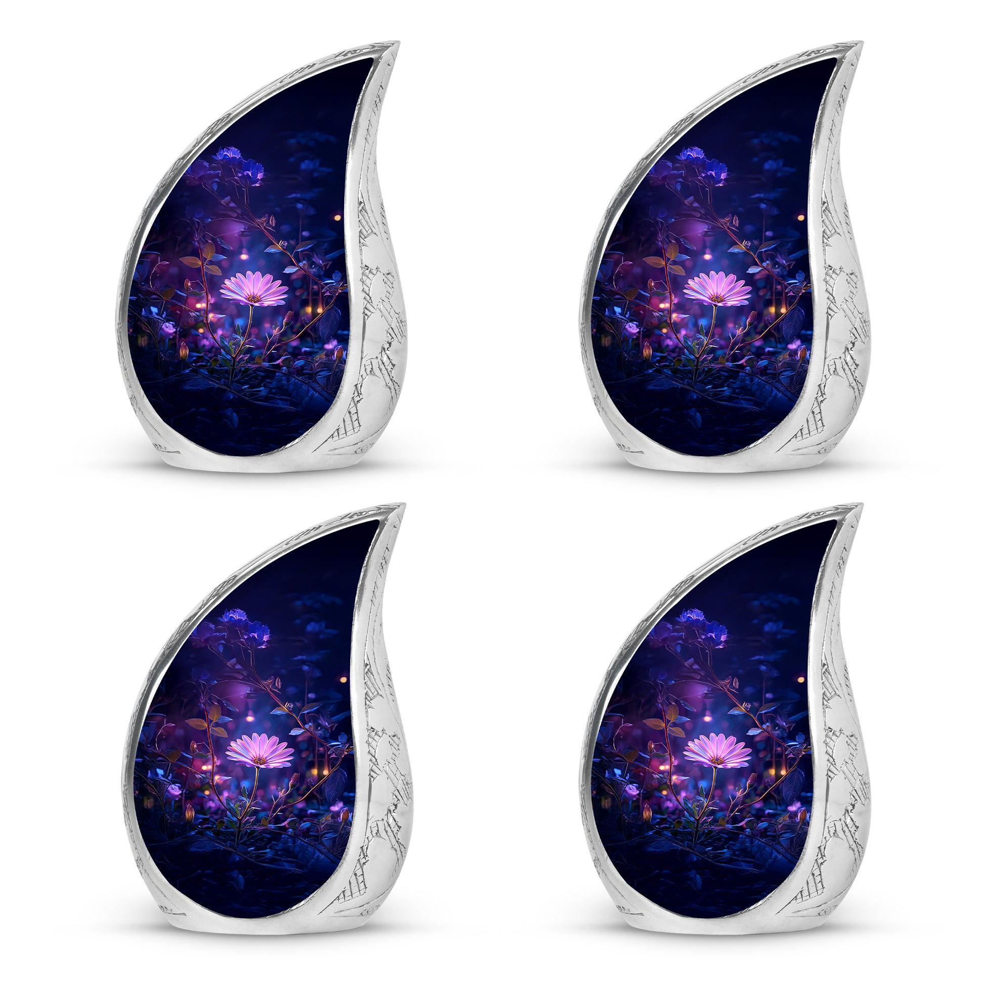 Celestial Blue Daisy Cremation Urn close-up of engraving and surface detail - flowing teardrop daisy silhouette on curved aluminum - 10 inch aluminum urn for cremated remains