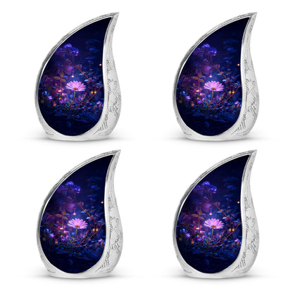 Celestial Blue Daisy Cremation Urn close-up of engraving and surface detail - flowing teardrop daisy silhouette on curved aluminum - 10 inch aluminum urn for cremated remains