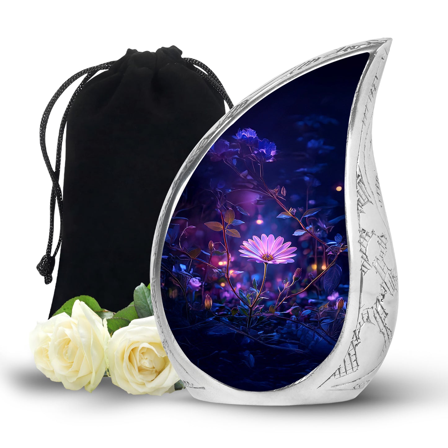 Powder Blue Daisy Cremation Urn front view showing detailed design - flowing teardrop daisy silhouette on curved aluminum - full-size 10 inch 200 cubic inch adult cremation urn