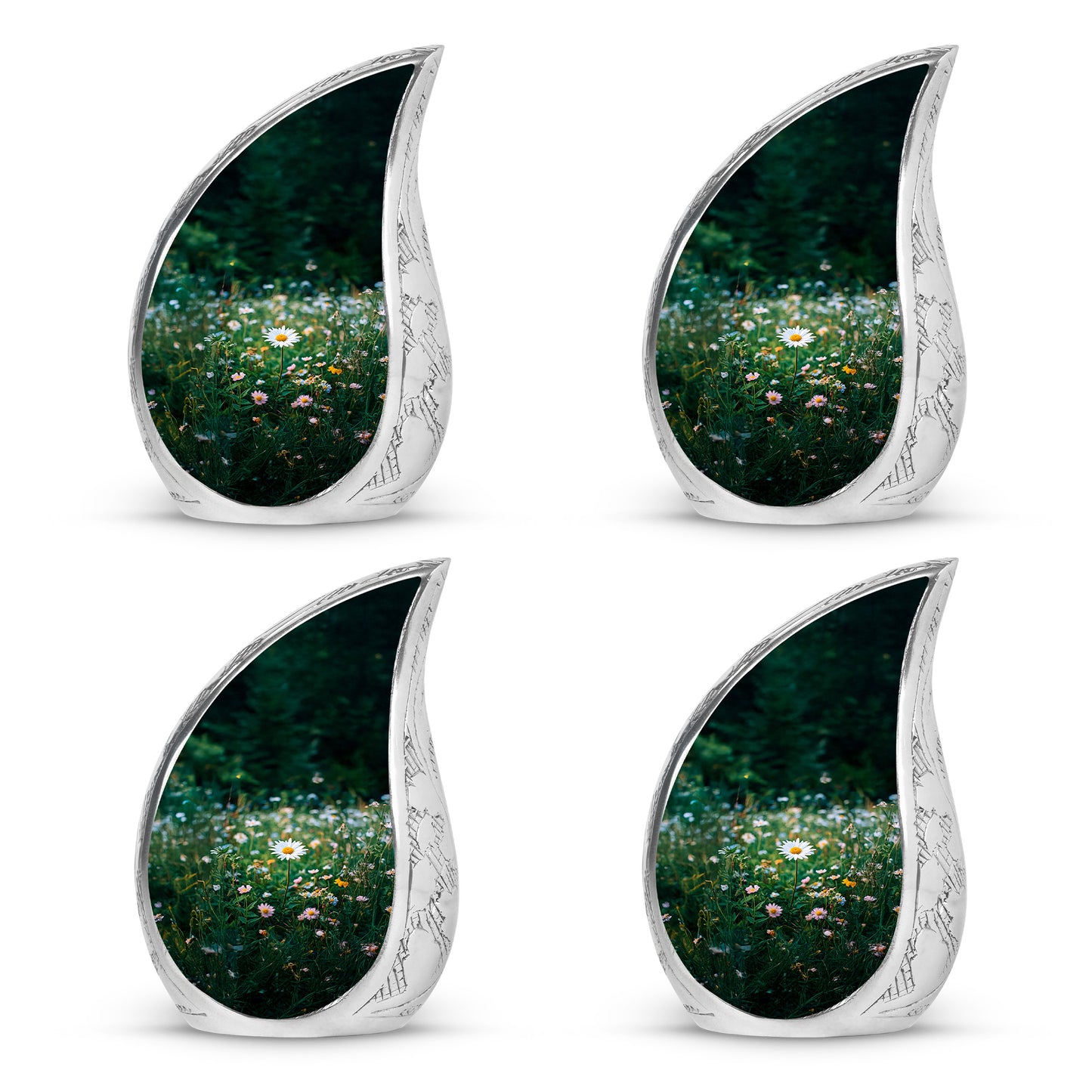 Emerald Green Daisy Cremation Urn close-up of engraving and surface detail - rounded teardrop daisy design with delicate detail - 10 inch aluminum urn for cremated remains