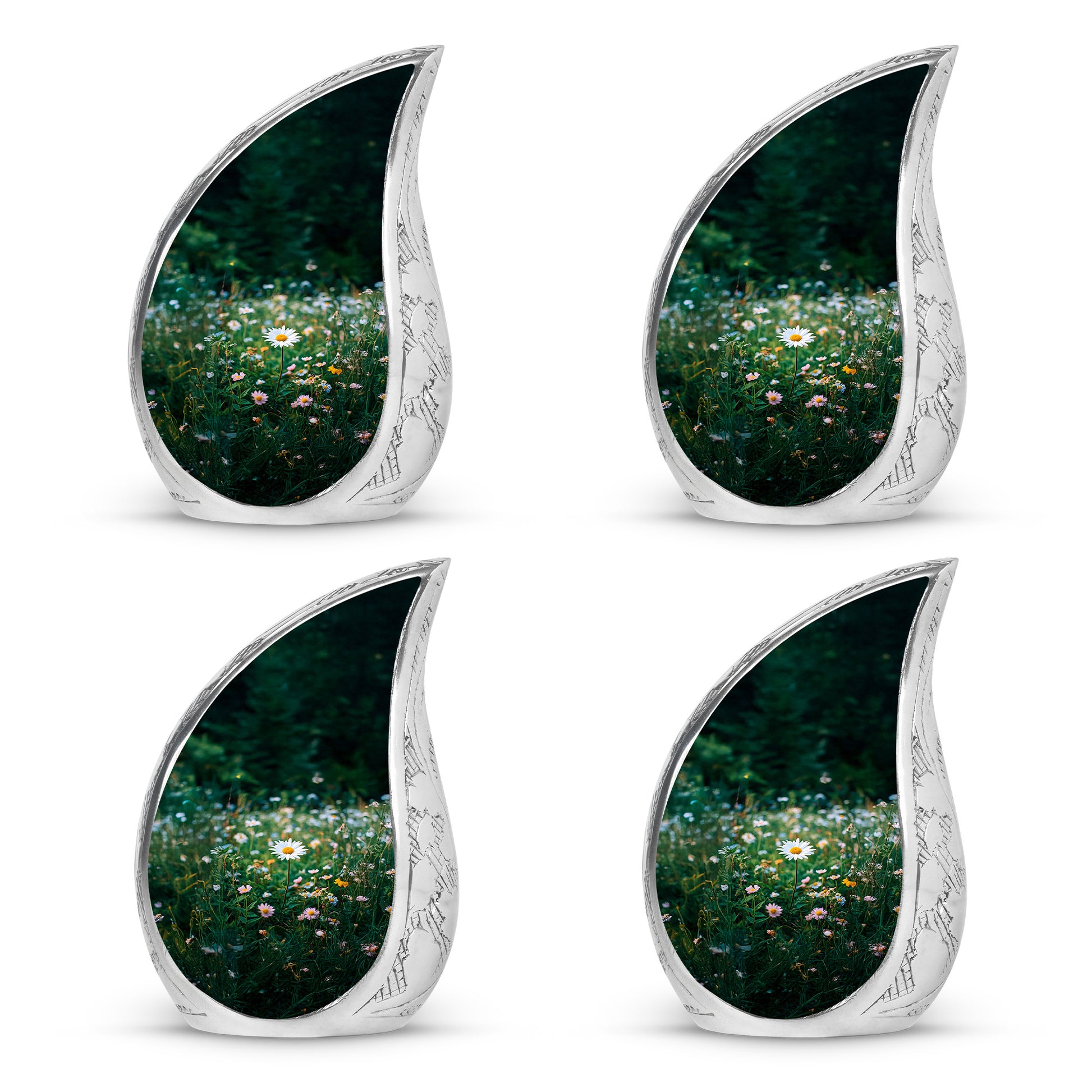 Emerald Green Daisy Cremation Urn close-up of engraving and surface detail - rounded teardrop daisy design with delicate detail - 10 inch aluminum urn for cremated remains