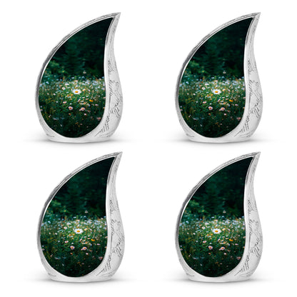 Emerald Green Daisy Cremation Urn close-up of engraving and surface detail - rounded teardrop daisy design with delicate detail - 10 inch aluminum urn for cremated remains